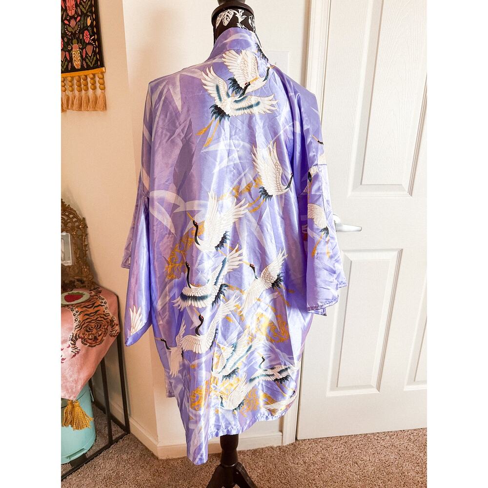 EUC Vintage Purple Silk White Crane Print Short Kimono Robe Women's OS
